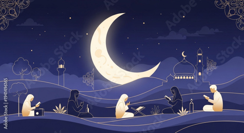 People praying under crescent moon during Ramadan night