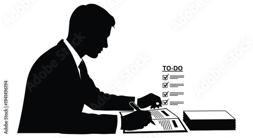A dark silhouette of a businessman at a desk reviewing tasks and making notes a focused professional silhouette high quality detailed