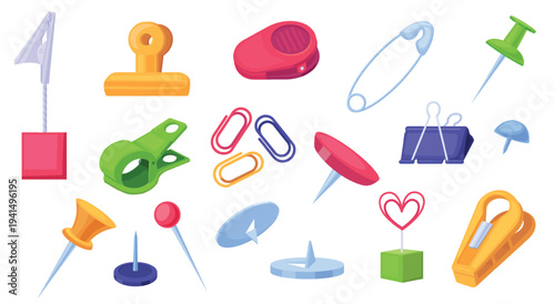 Cartoon clip holders. Metal plastic clutches, clips for documents and papers. Decorative office board pins. Cartoon stationery, pin and clamp, nowaday vector set