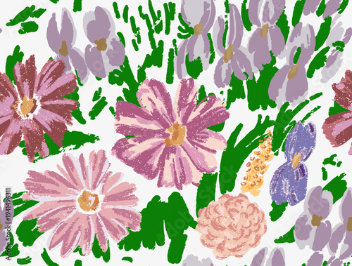 Floral pattern garden flowers such as daisies, irises, and decorative blossoms illustrated in a loose painterly style with a dry-brush texture. Pink, lavender, and lilac flowers 