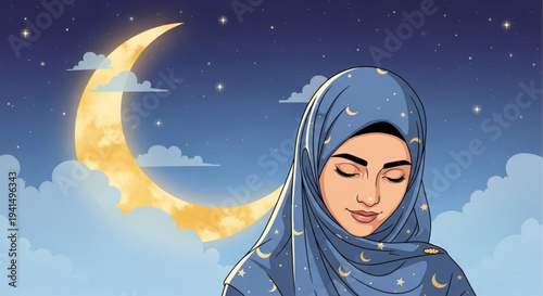 Serene woman in starry hijab smiling under crescent moon
