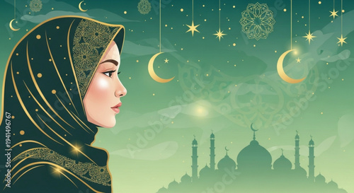Woman in traditional hijab celebrating Ramadan with mosque silhouette and crescent moons