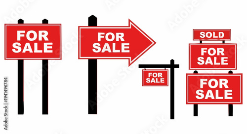 Set of 5 red 'For Sale' and 'Sold' real estate signs vector illustrations, ideal for property listings, marketing, and commercial advertisements