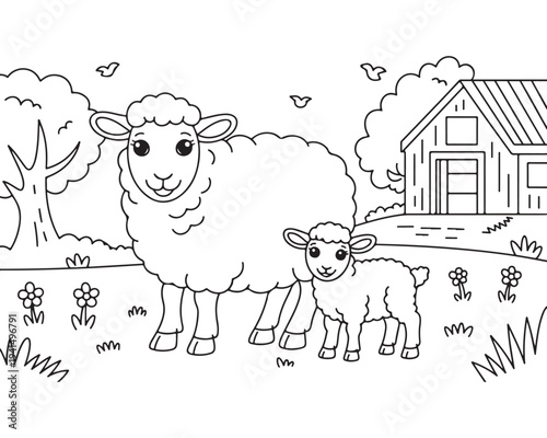 A happy mother sheep and her little lamb standing in a meadow next to a barn