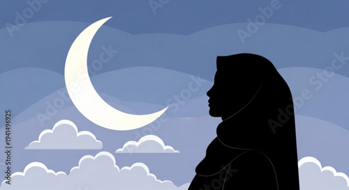 Woman in hijab looking at crescent moon in night sky with clouds