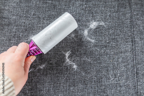 Lint roller cleaning pet hair from furniture upholstery
