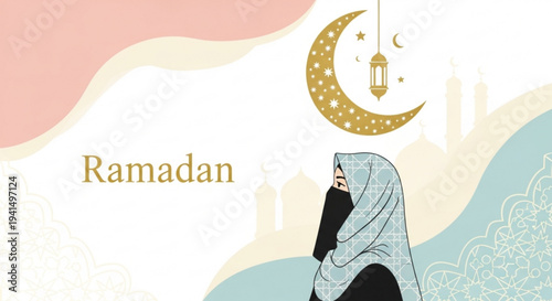 Woman in hijab celebrating Ramadan with crescent moon and stars
