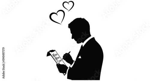 A man in a suit writes on a clipboard surrounded by floating hearts presented as a striking silhouette high quality professional
