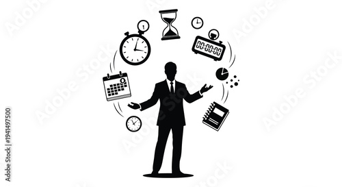 A businessman in a suit juggles clocks calendars and notepads representing time management challenges silhouette high quality professional detailed modern