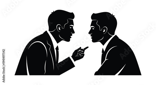 Two businessmen in suits engage in a heated discussion facing each other with assertive body language silhouette high quality professional detailed