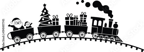 christmas train silhouette with santa, holiday locomotive carrying gifts and tree, festive winter decoration design element illustration