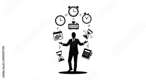 A businessman juggles clocks calendars and hourglasses representing time management and prioritization in a striking silhouette high quality professional detailed modern