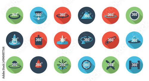 Collection of colorful 360 degree view icons with varying designs and shadows