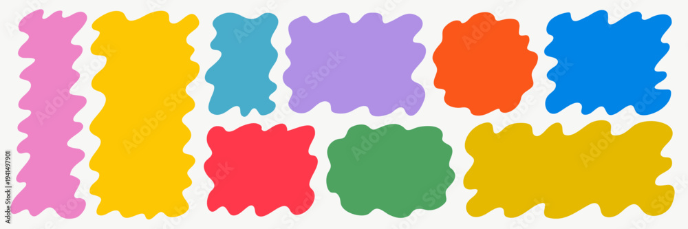 Obraz premium Colorful wavy shape frame set with organic square and rectangle doodle forms. Curvy zigzag text boxes in pink, yellow, blue and green for playful posters, labels and modern layouts