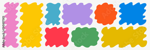 Colorful wavy shape frame set with organic square and rectangle doodle forms. Curvy zigzag text boxes in pink, yellow, blue and green for playful posters, labels and modern layouts