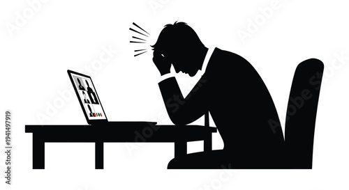 A frustrated businessman sits with his head in hands staring at a laptop screen displaying a chart silhouette high quality