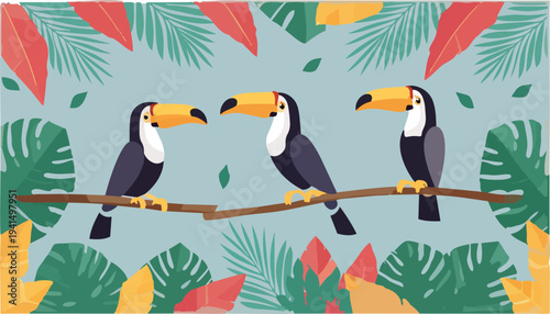 Illustration of three colorful toucans perched on a branch surrounded by tropical leaves on a light blue background with a vibrant and playful mood.