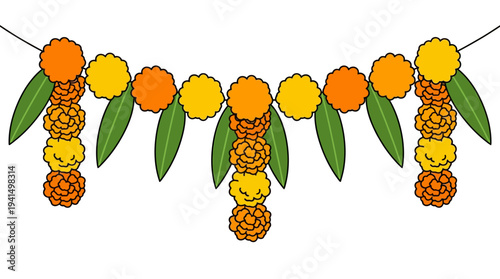 A vibrant floral garland adorned with orange, yellow flowers, and green leaves, elegantly strung together, displayed against a plain white background.