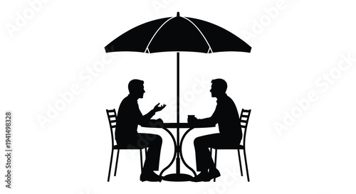 Two figures converse at a table under a parasol captured in a striking black silhouette high quality professional detailed modern elegant