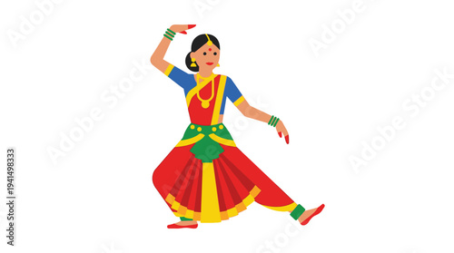 Traditional Indian dancer performing Bharatanatyam in a vibrant costume with intricate jewelry