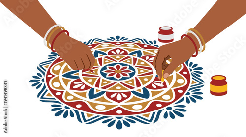 Hands creating traditional Diwali rangoli design with marigold flowers and colored powders on floor