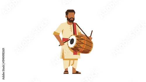 Man wearing traditional attire playing a dhak drum in a cultural setting
