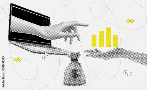 Trendy halftone collage online business transaction concept,digital payment and business deal with laptop,money bag and financial growth graph