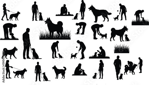 Collection of people with dogs silhouettes isolated on white background, pet owners walking, training, playing and caring for animals, lifestyle and companionship concept