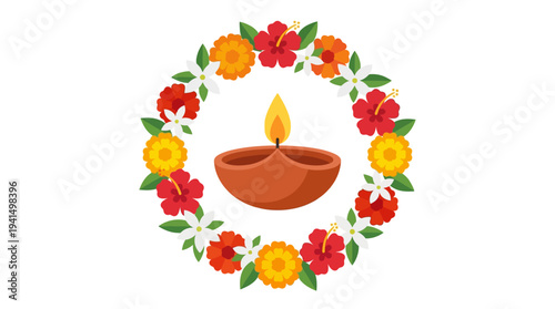 Traditional clay lamp surrounded by vibrant flowers in a circular arrangement