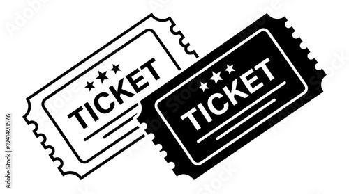 Illustration of two perforated event tickets, one white and one black, featuring the word TICKET