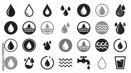 Collection of vector water droplet icons and symbols including faucet, cup, waves, and splash illustrations for hydration, weather, and plumbing design