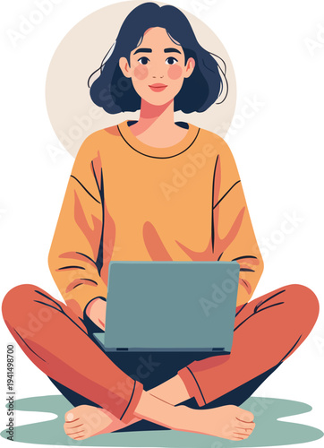 donna al computer che usa un laptop in ufficio casa al bar vettoriale, portatile