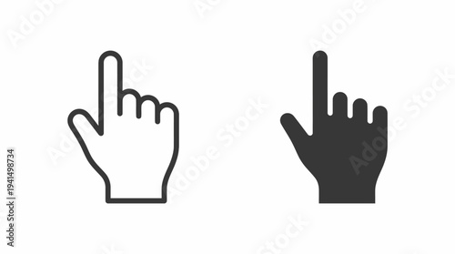 Two pointing-hand icons, one outline and one solid, illustrate click and tap actions for UI design, web and mobile interfaces, and touchscreen usability.