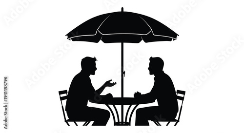 Two men are seated at a table under a parasol engaged in conversation a striking black silhouette high quality professional detailed