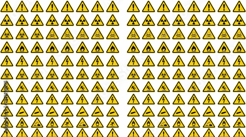 Seamless pattern of yellow warning triangle hazard icons on white background