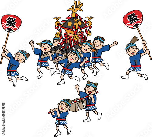 日本の伝統行事。お神輿、賽銭箱を担ぐ子供たちのイラスト