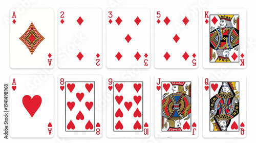 Assorted playing cards spread on a wooden table, showcasing diamonds and hearts with face cards and aces