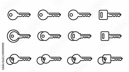 Set of twelve vector line art key icons arranged in a grid on a white background
