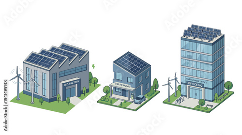 Solar powered buildings set with eco houses panels and battery