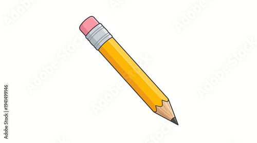 Cartoon yellow pencil with pink eraser isolated on white background, school stationery illustration for education and classroom projects