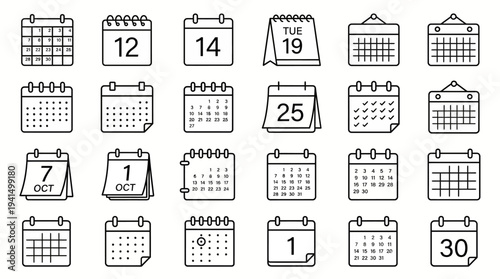 Set of calendar icons with multiple dates and months for planning, scheduling, and date reminders - vector outline illustrations