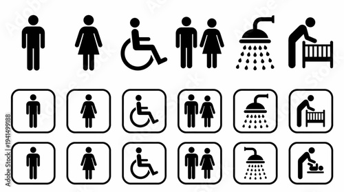 Flat vector icon set illustrating accessibility, disability, healthcare, elderly care, and hospital facilities such as beds and showers in a cohesive design