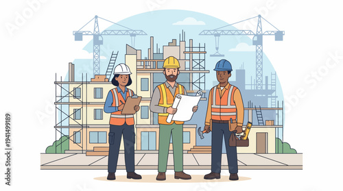 Construction team in front of building with architect and workers