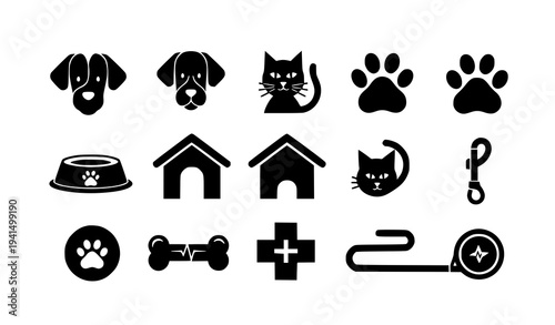 Pet veterinary icons silhouette dog cat paw and animal care set