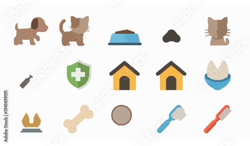 Pet care and veterinary flat icon set dog cat paw and bowl