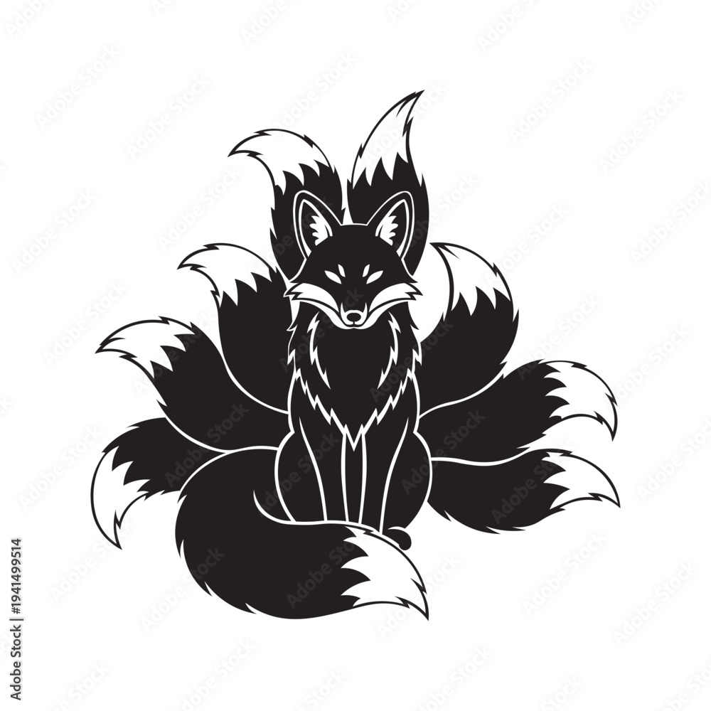 Obraz premium nine tailed fox, Jiǔwěihú, Gumiho, Kitsune, an East Asian mythological creature that can transform into a human form, usually a beautiful woman, and symbolizes spiritual power, wisdom, or cunning