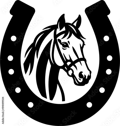 Horse head in horseshoe with bridle silhouette