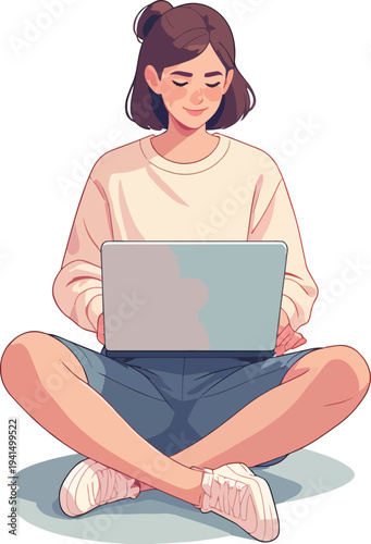 donna al computer che usa un laptop in ufficio casa al bar vettoriale, portatile