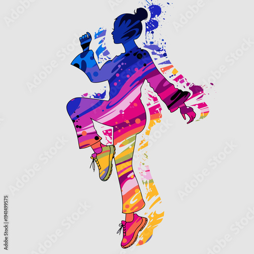 Vibrant illustration of a woman in dynamic motion with colorful paint splatters
