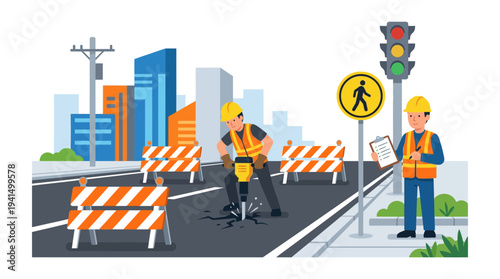 Road work scene with safety barriers traffic light and workers